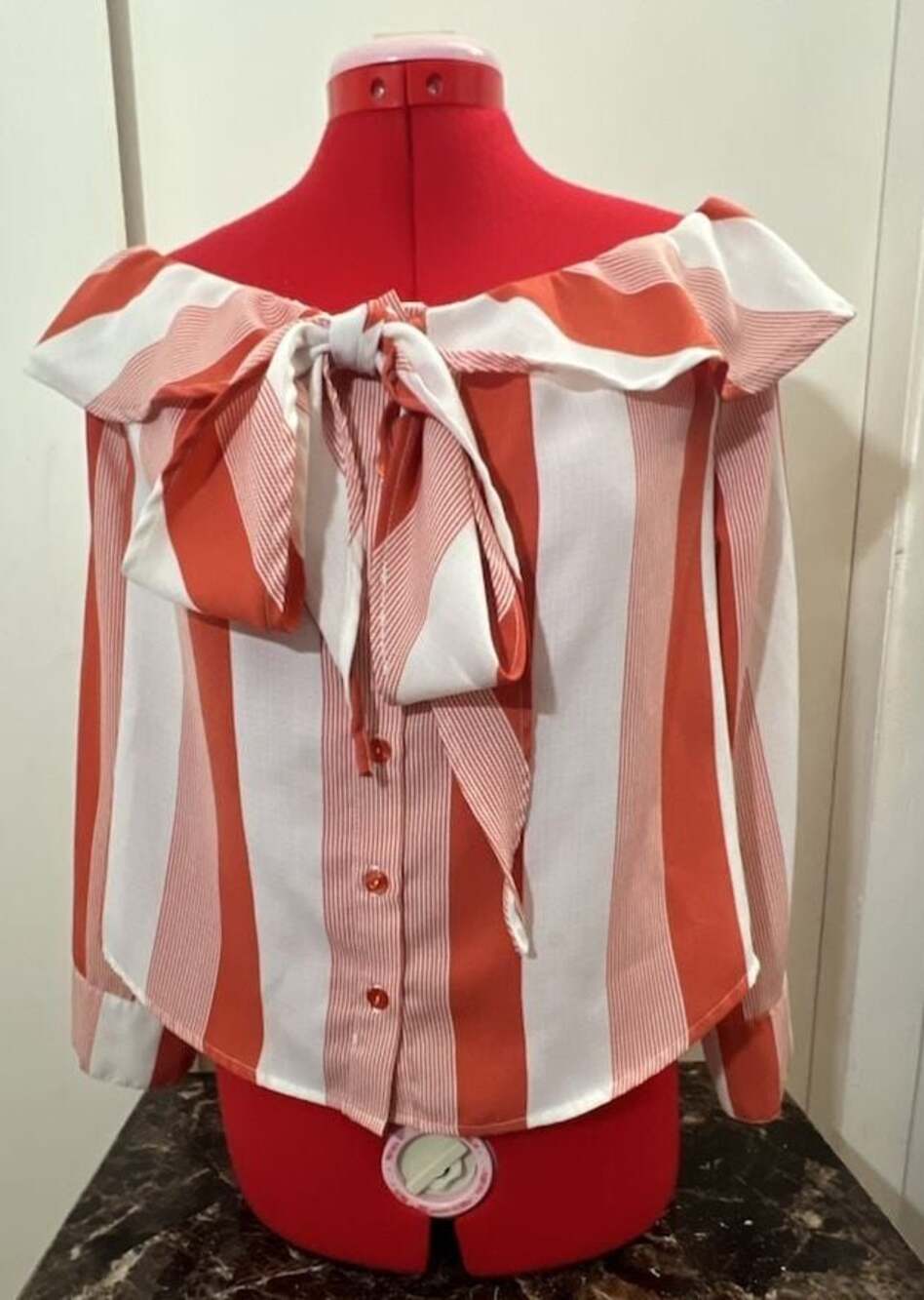 Sweet Wanderer Red and White Striped Off-the-Shoulder Bow Front Blouse - Picture 1 of 3